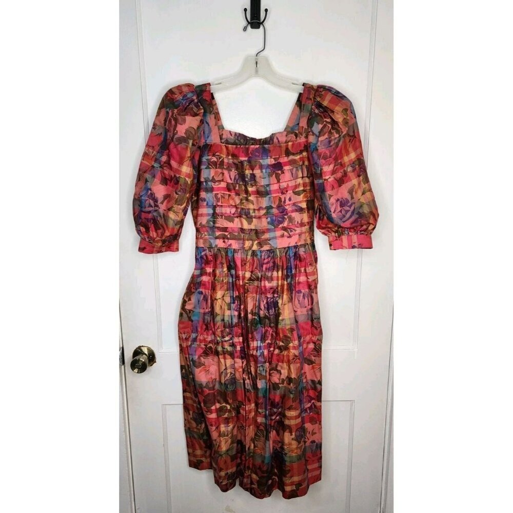 Size Medium Bonnie Boynton Plaid Floral Puff Sleeve Midi Dress Vintage Pockets